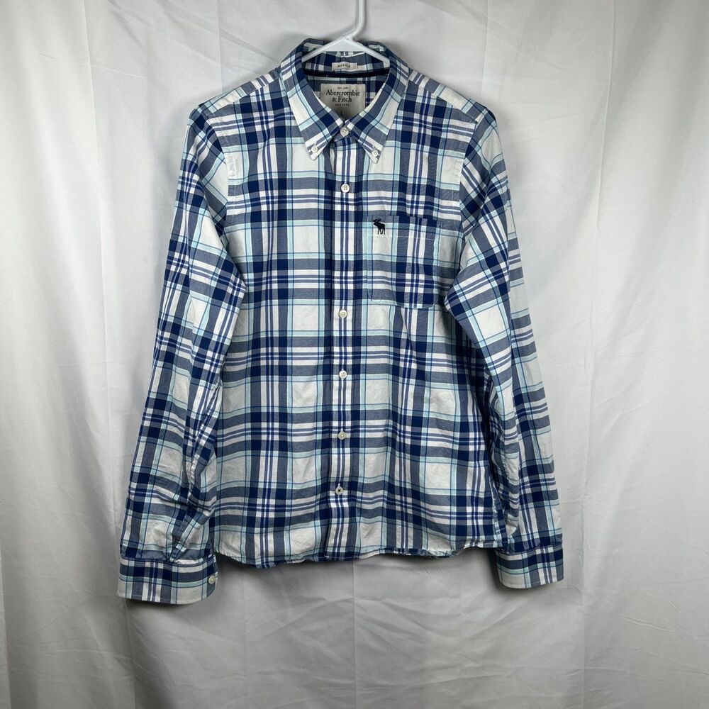 Abercrombie & Fitch Muscle Plaid Button Down Shirt Men’s Large Blue Logo Preppy